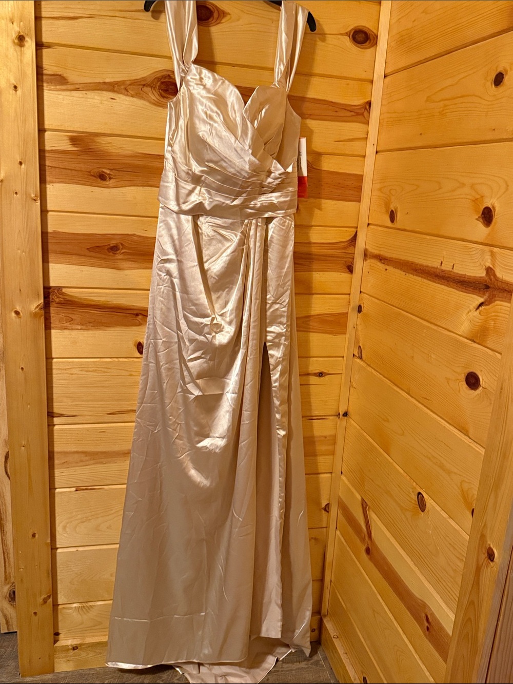 Cream/Champagne Satin Evening Gown with Draped Bodice